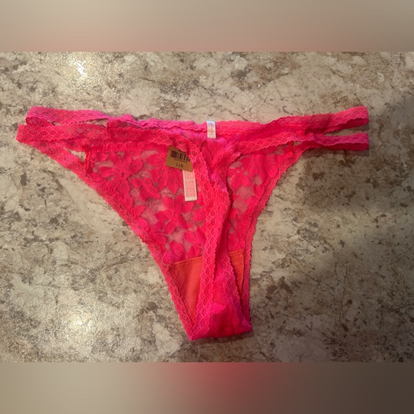 VS PINK Double Strap Thong Panty Lace Floral Large NWT Hot Pink - Picture 4 of 7